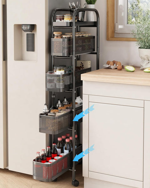 5 Tier Slim Rolling Kitchen Trolley Pull Out Storage Cart Black