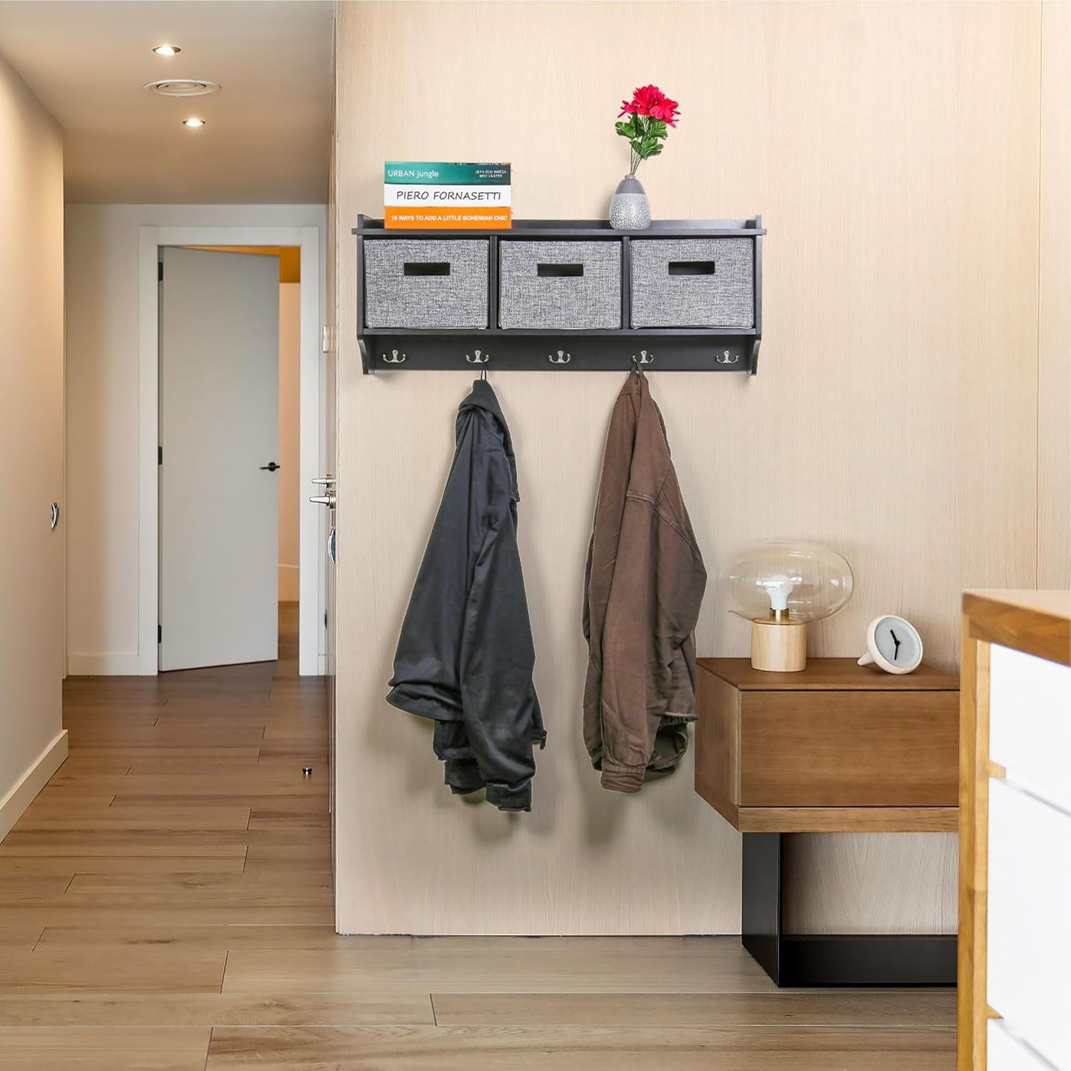 Black Wall Mounted Coat Rack | 5 Hooks & 3 Fabric Baskets Hallway Shelf