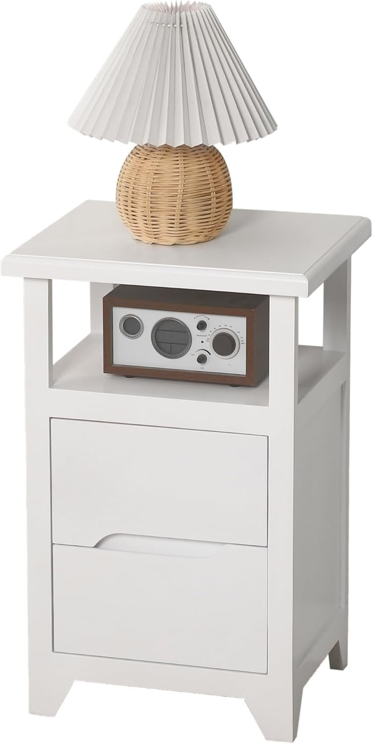 White Bedside Table with Drawer & Open Shelf | Fully Assembled Wooden Nightstand