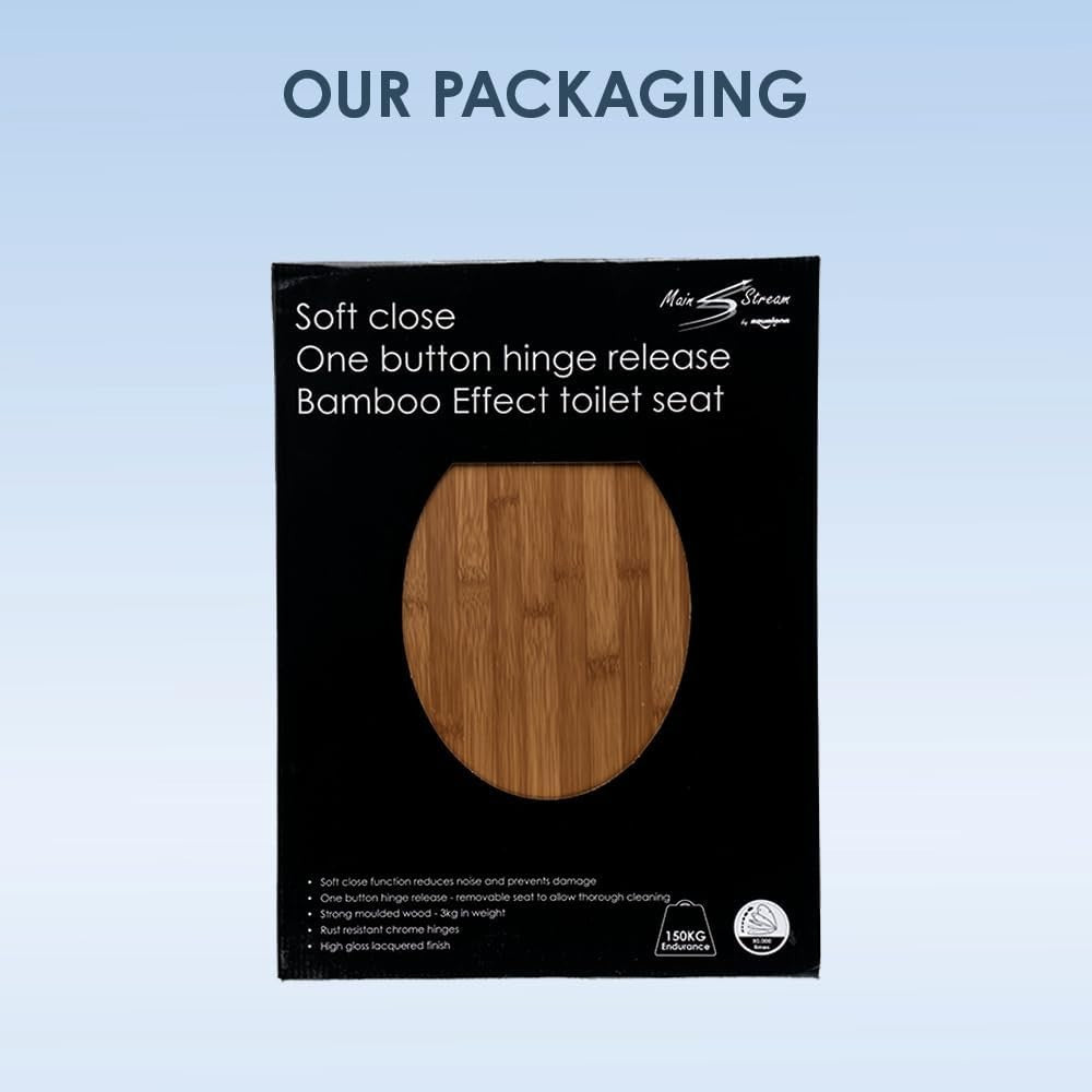 Luxury Bamboo Toilet Seat Soft Close Moulded Wood Stainless Steel Hinges Click