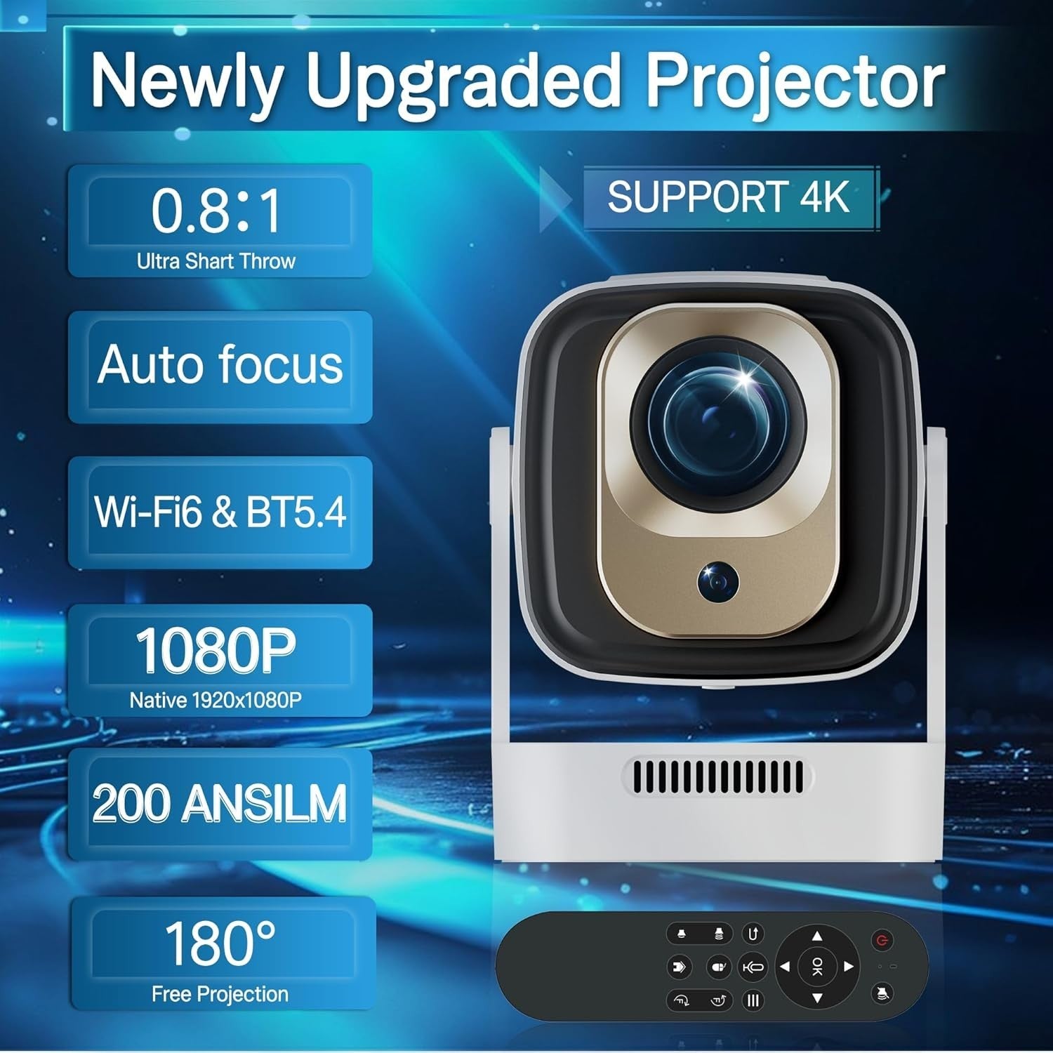 Smart Mini Projector WiFi 6 Bluetooth 4K Support Auto Focus 16000L