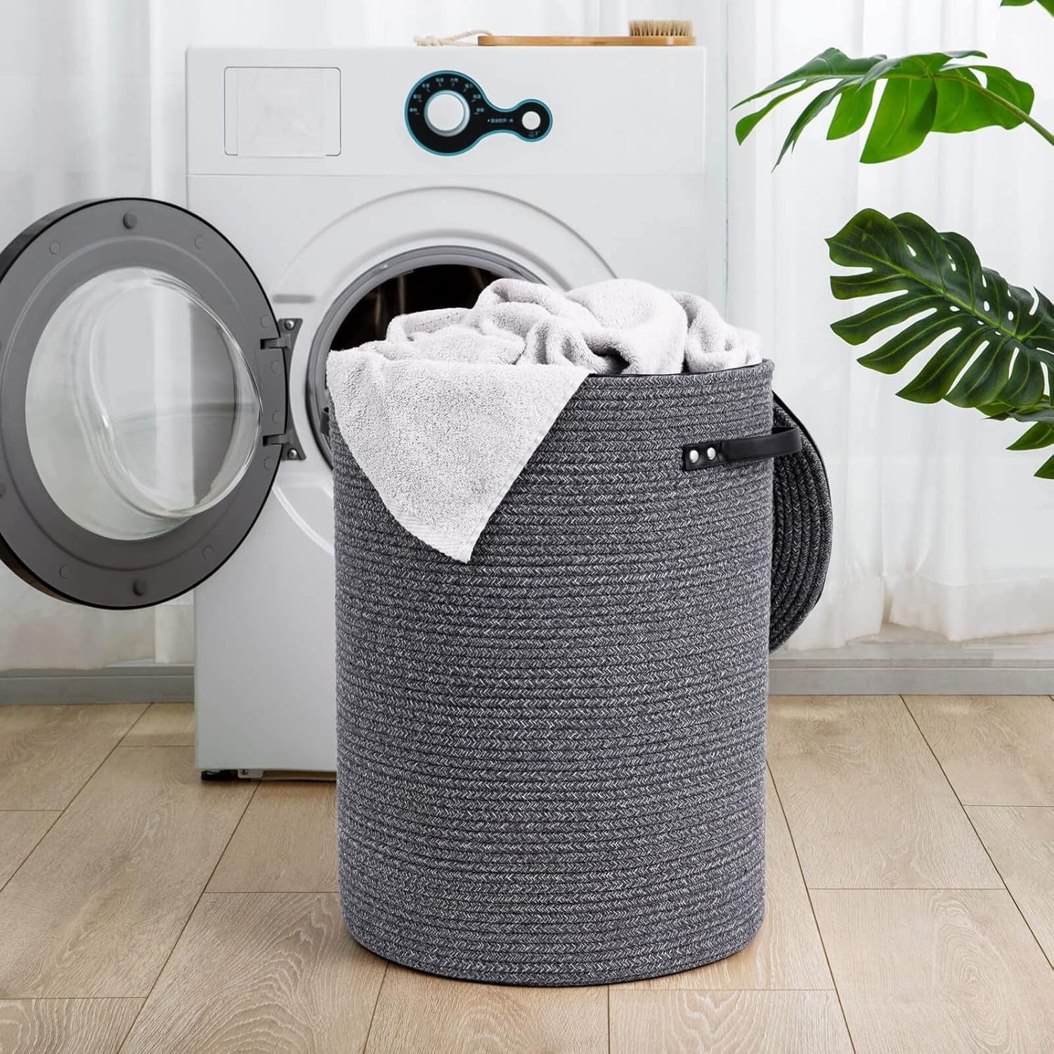 58L Tall Rope Laundry Hamper with Lid Foldable Clothes Basket Grey Storage Bin