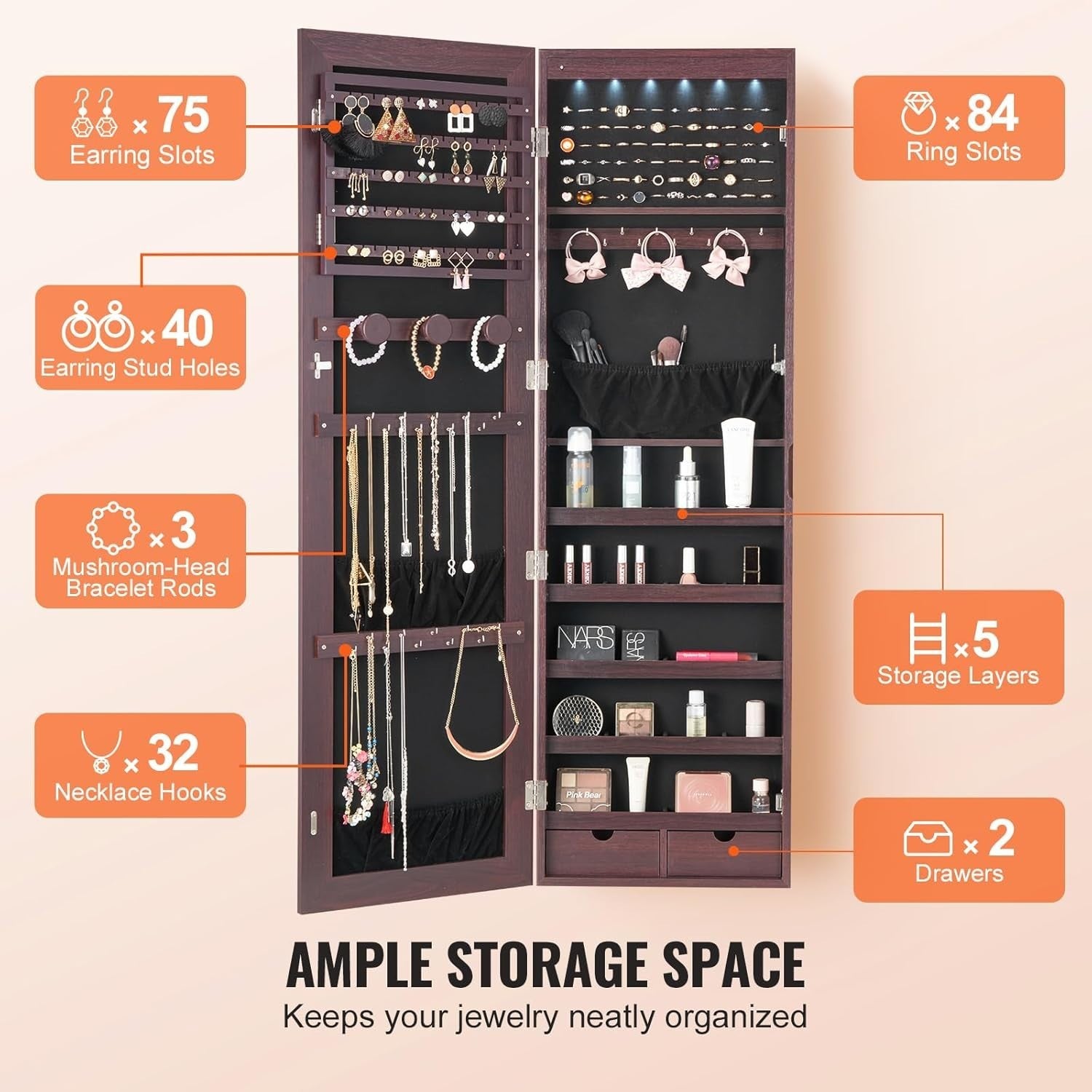 LED Jewelry Mirror Cabinet Lockable Wall Mounted Full Length Storage Brown