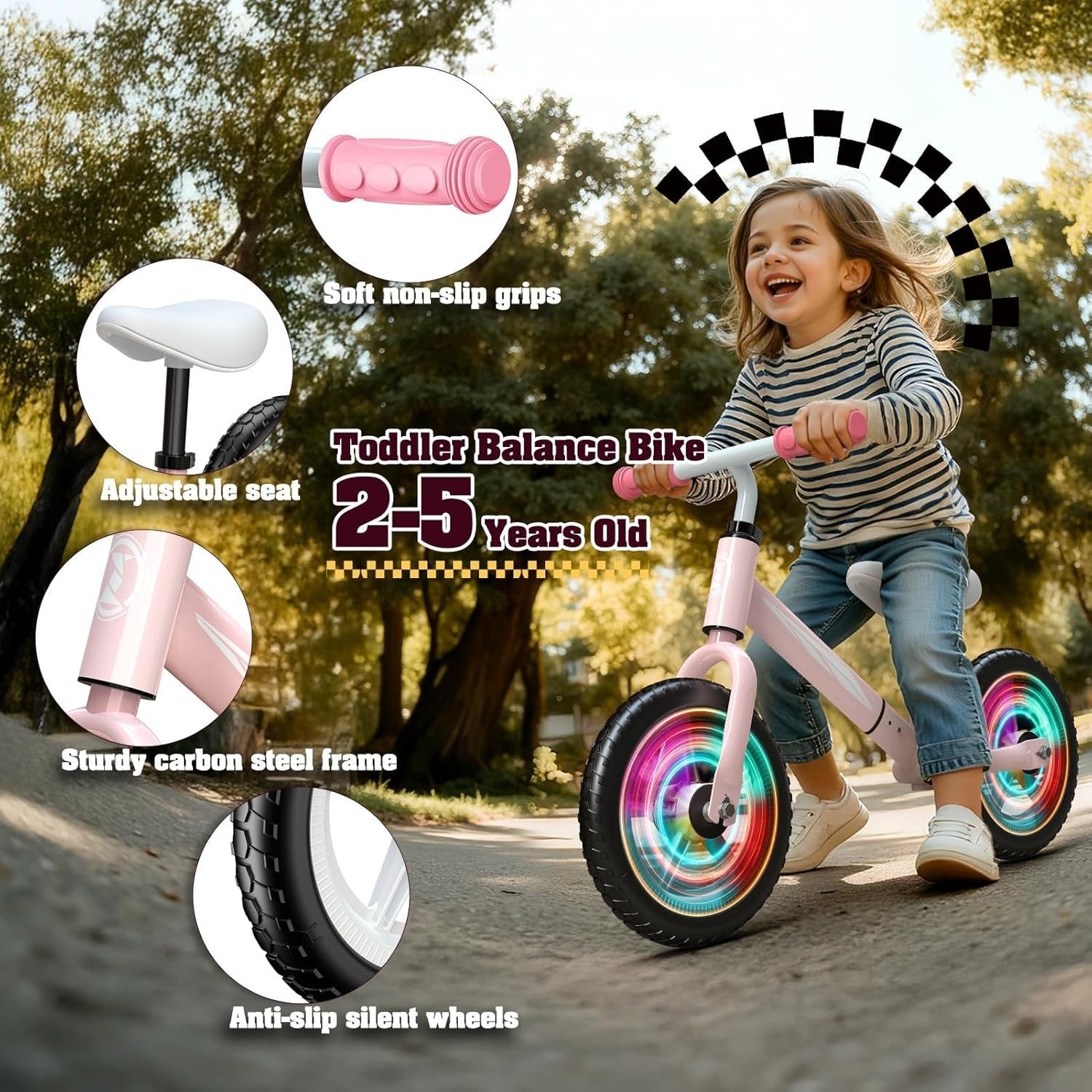 Kids Balance Bike LED Wheels Adjustable Seat Handlebar 2-5 Years Pink