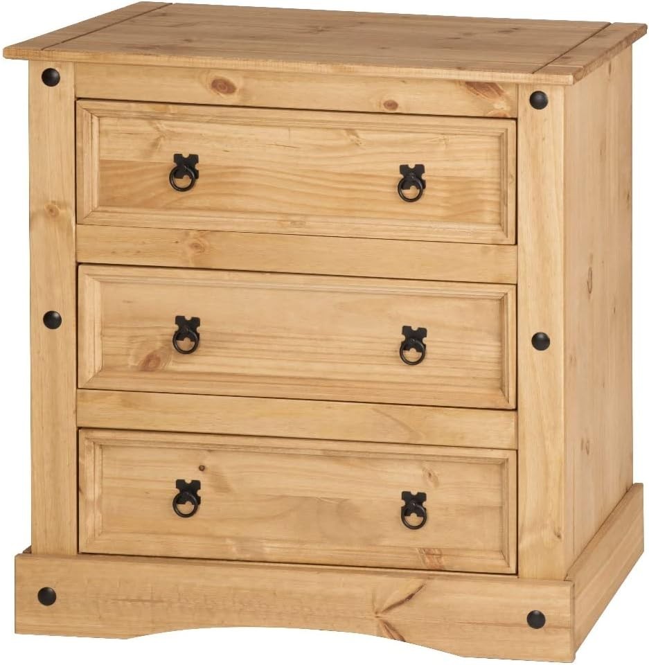 Solid Pine 3 Drawer Chest Wax Finish Rustic Wood Cabinet for Bedroom Hallway