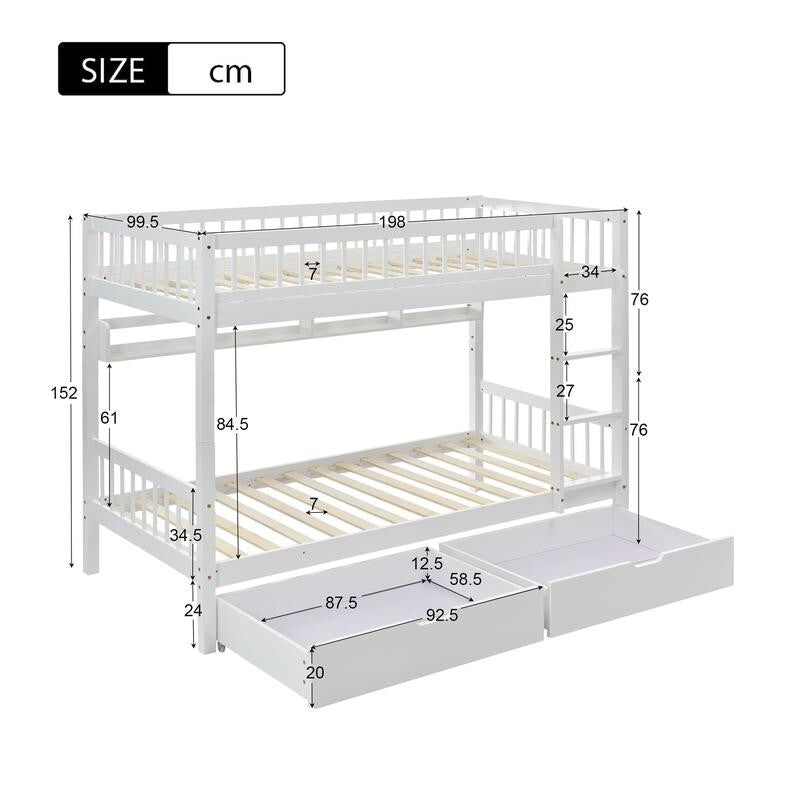 3FT Pine Bunk Bed Kids White with Storage Drawers Shelves Ladder Split Frame