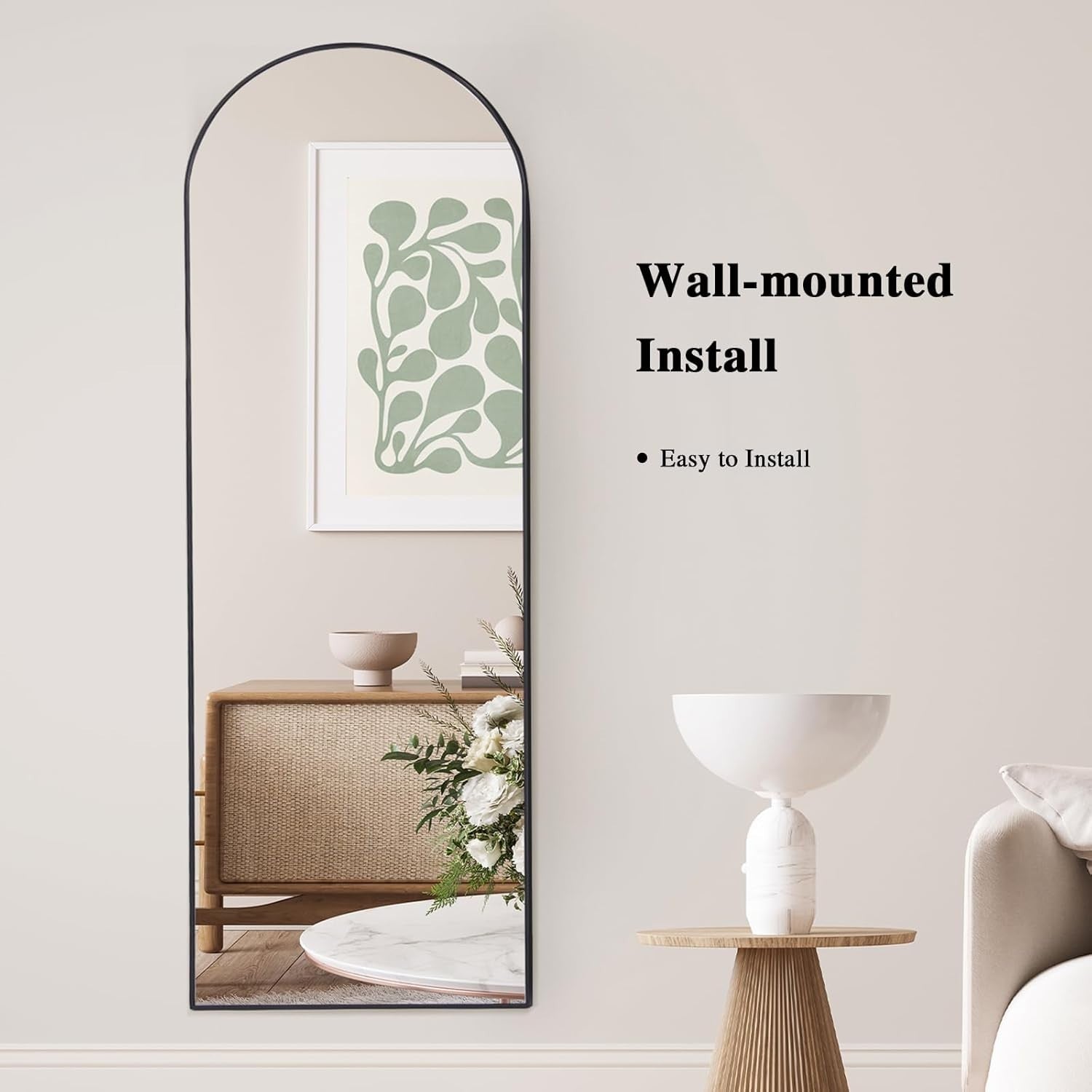 Full-Length Arch Floor Mirror 147x44cm Black Frame, Stand & Wall Mount
