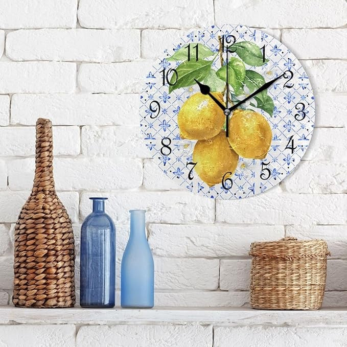 Mediterranean Lemon Wall Clock 25cm Rustic Kitchen Decor Silent Non-Ticking