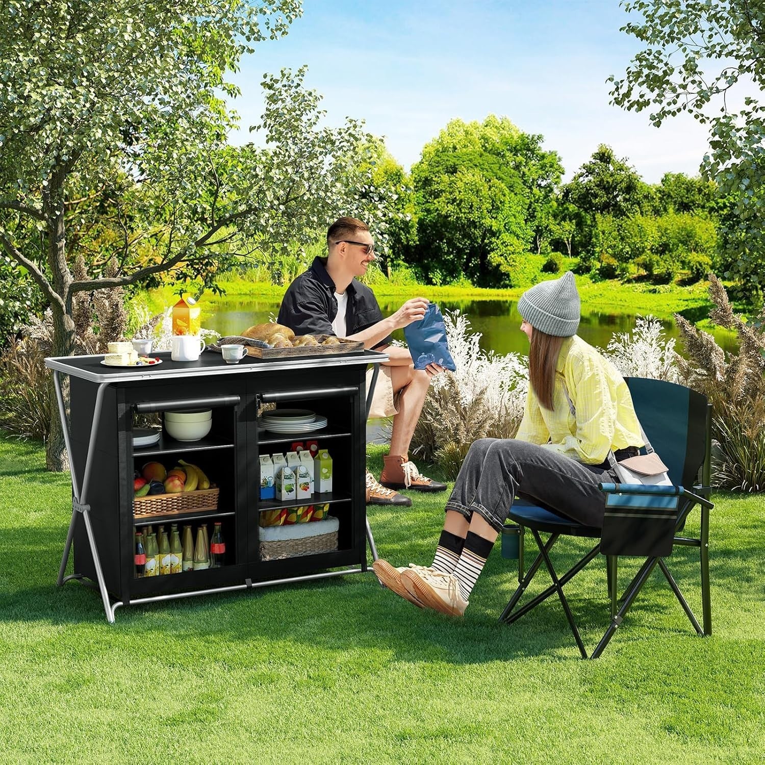 Camping Kitchen Table Foldable with Storage Cupboards & Carry Bag
