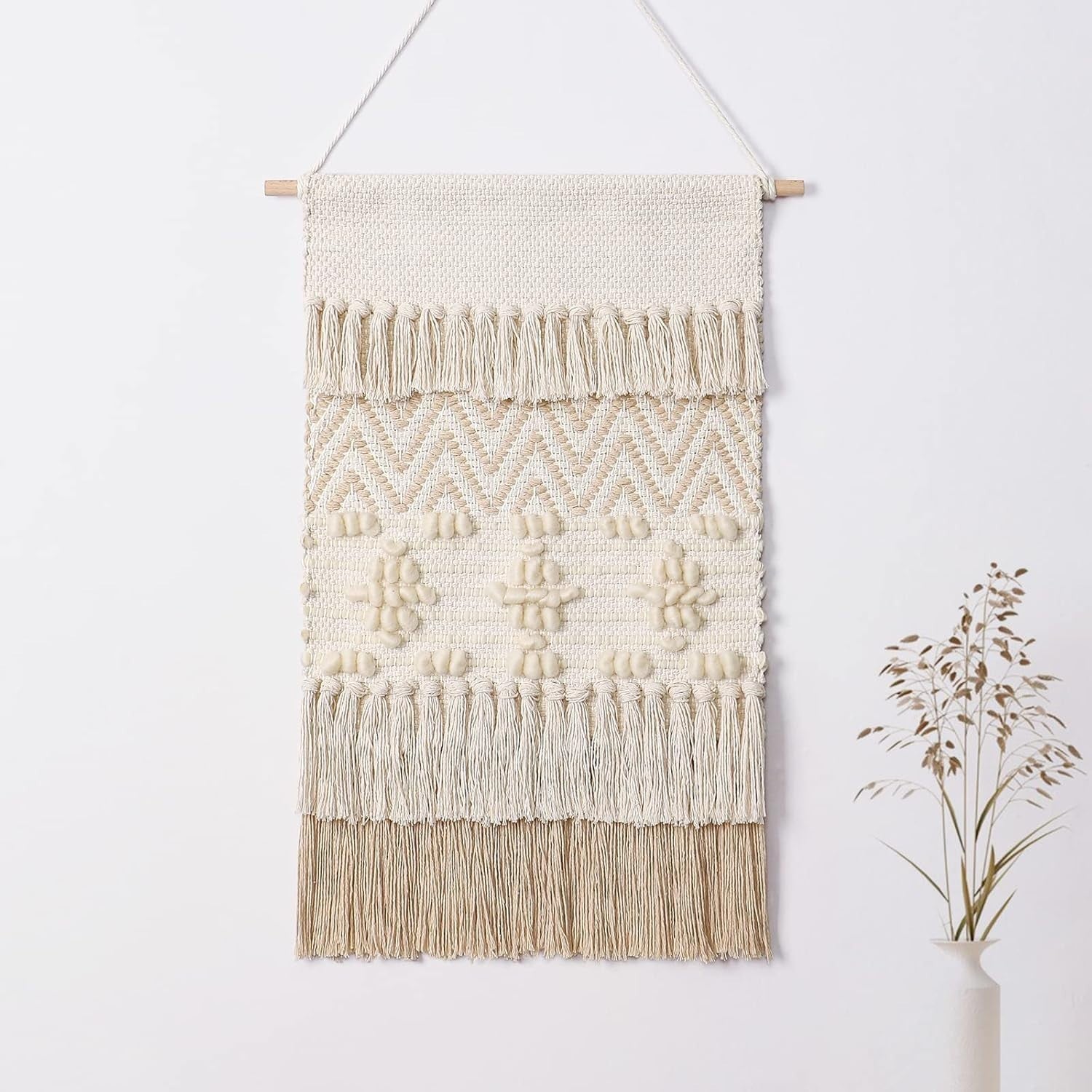 Boho Macrame Wall Hanging Beige Geometric Wave Wool Ball Tapestry