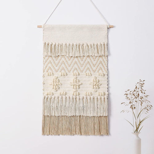 Boho Macrame Wall Hanging Beige Geometric Wave Wool Ball Tapestry