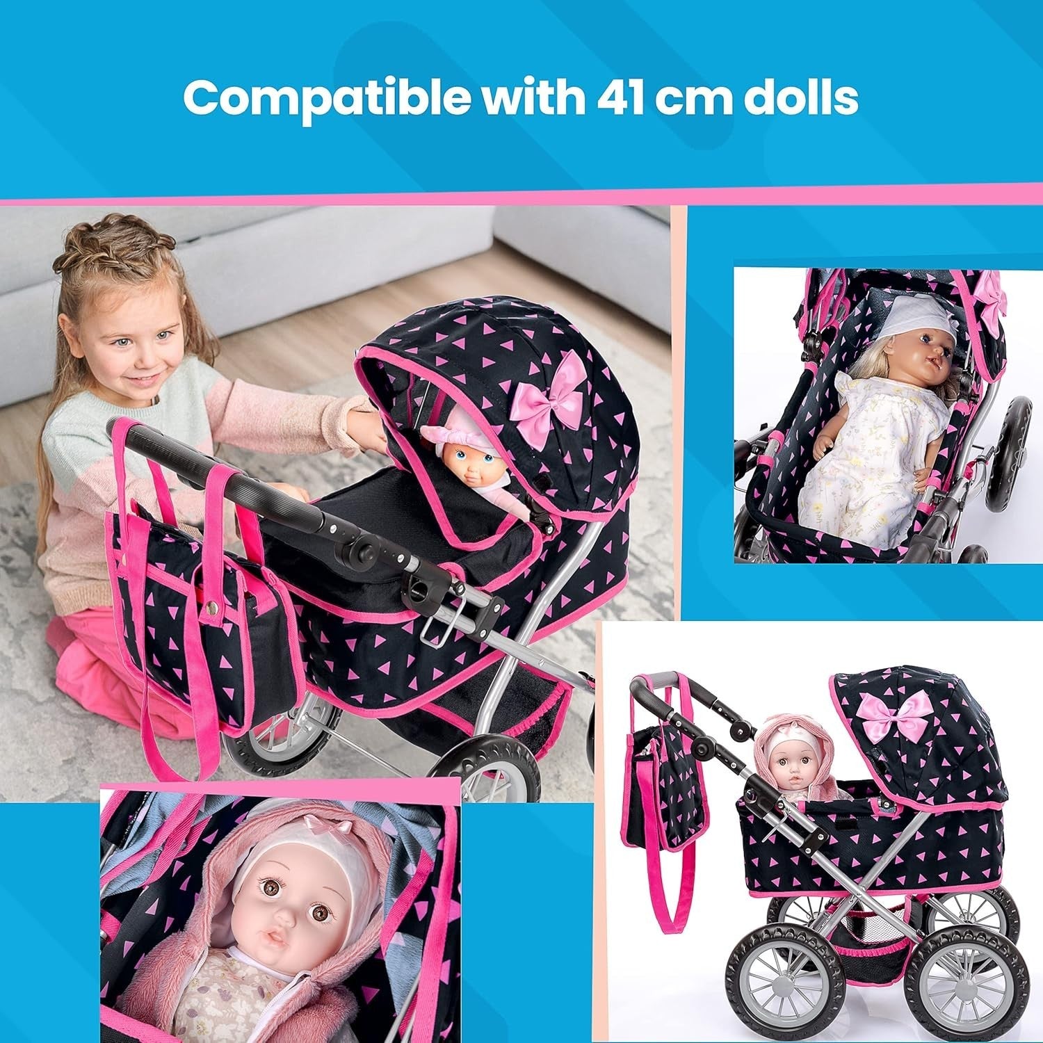 Dolls Pram Toy Pushchair Buggy Adjustable Handle 33-63cm for Kids