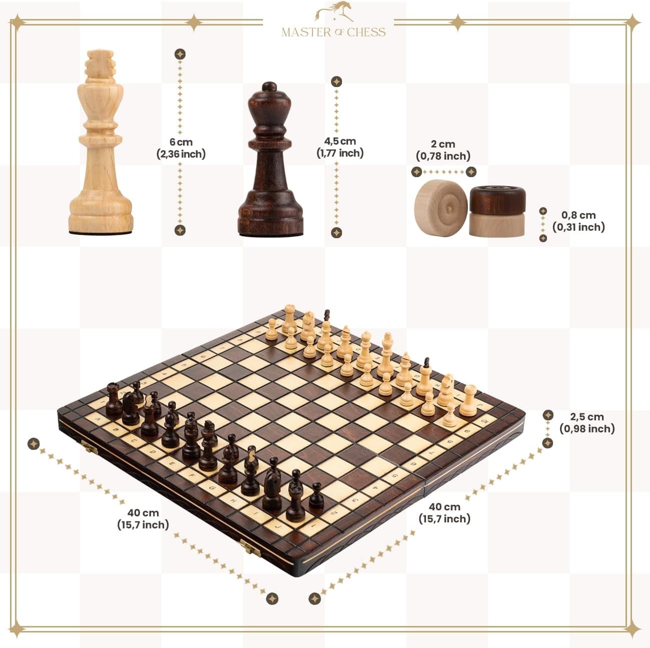 40cm Wooden Chess & Checkers Set | 2-in-1 Folding Board | Premium Capablanca Edi