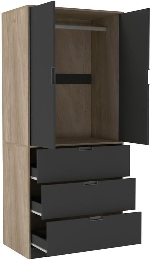 Modern 2 Door Wardrobe with 3 Drawers - Oak Bedroom Storage Organizer Unit