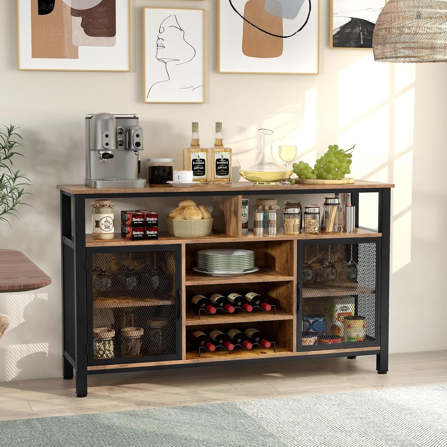 Rustic Sideboard Storage Cabinet with Wine Racks Glass Holder Mesh Doors