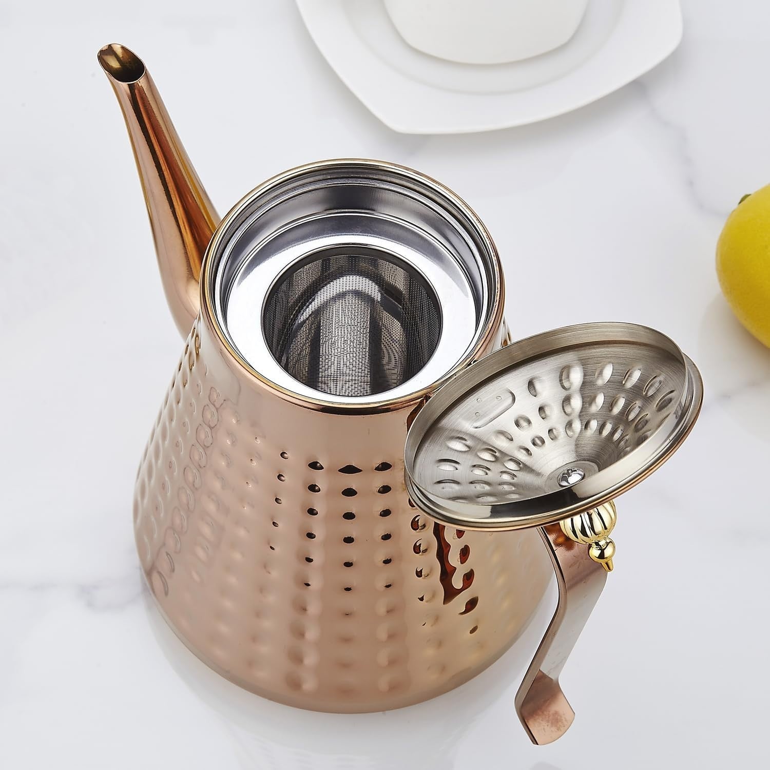 Copper Stainless Steel Teapot 54oz 1.6L w/ Infuser Hammered Finish
