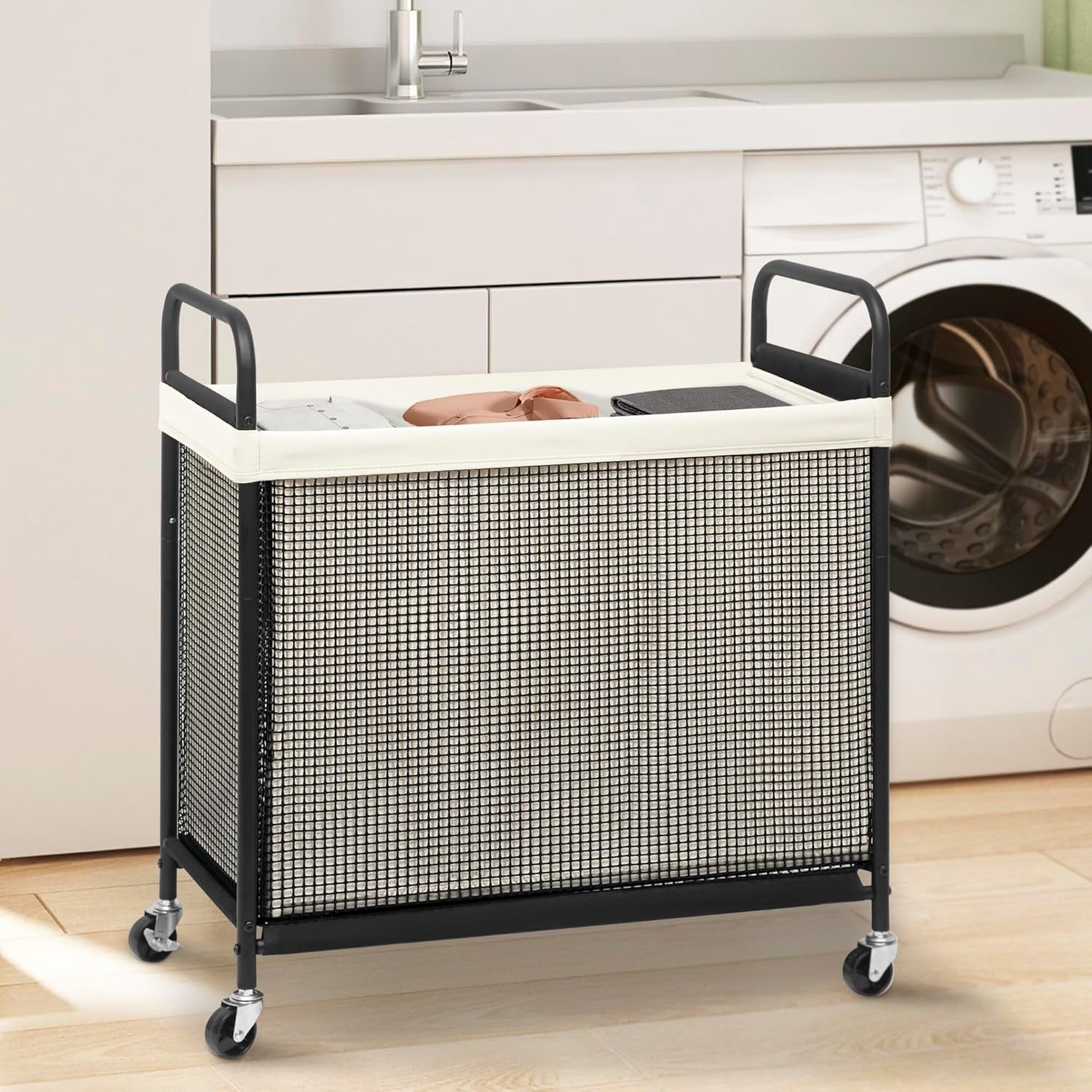 120L 3-Section Laundry Hamper on Wheels | Removable Bags | Rolling Laundry