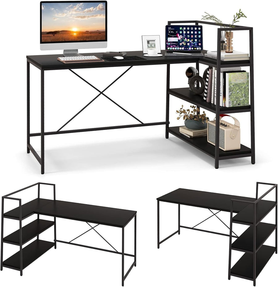 Modern Black L-Shaped Computer Desk w/Reversible Shelves & Metal Frame