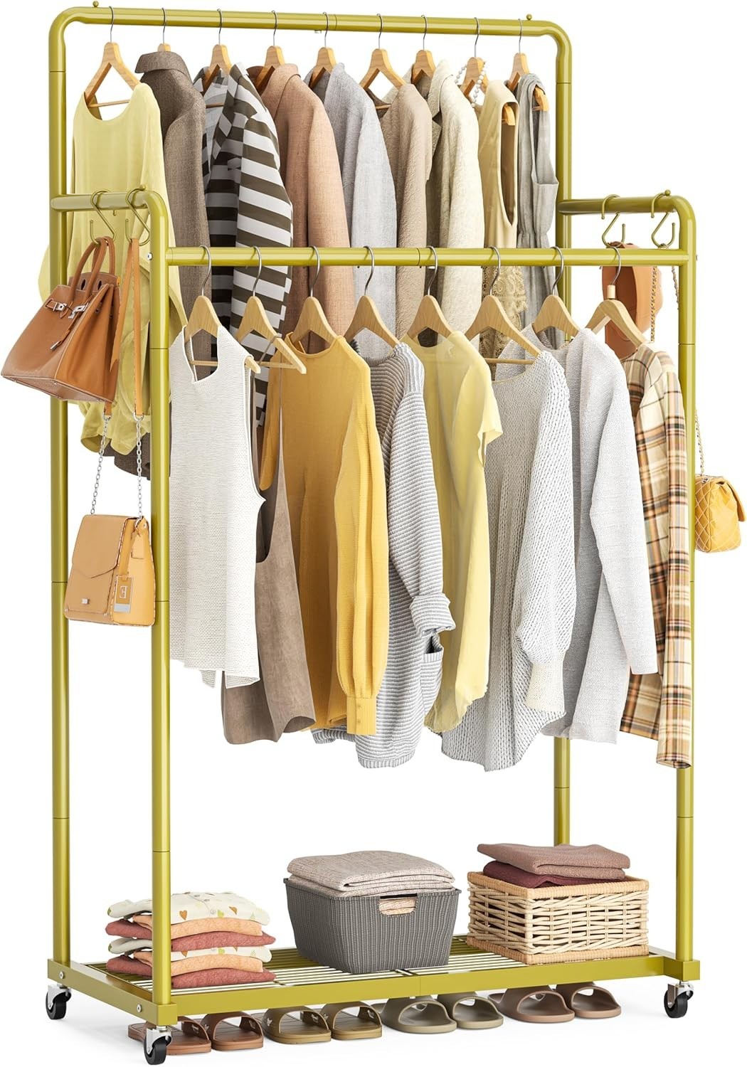 Double Clothes Rail 80KG Heavy Duty Rack With Shelf Gold