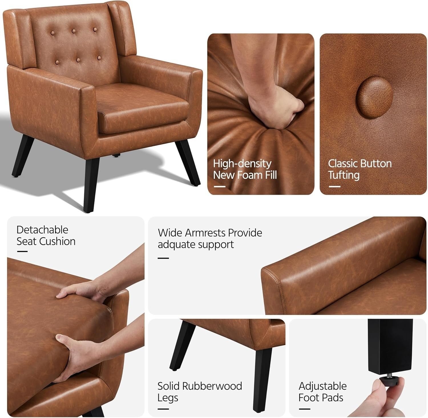 Set of 2 Retro Brown PU Leather Armchairs with Button Tufted Cushions