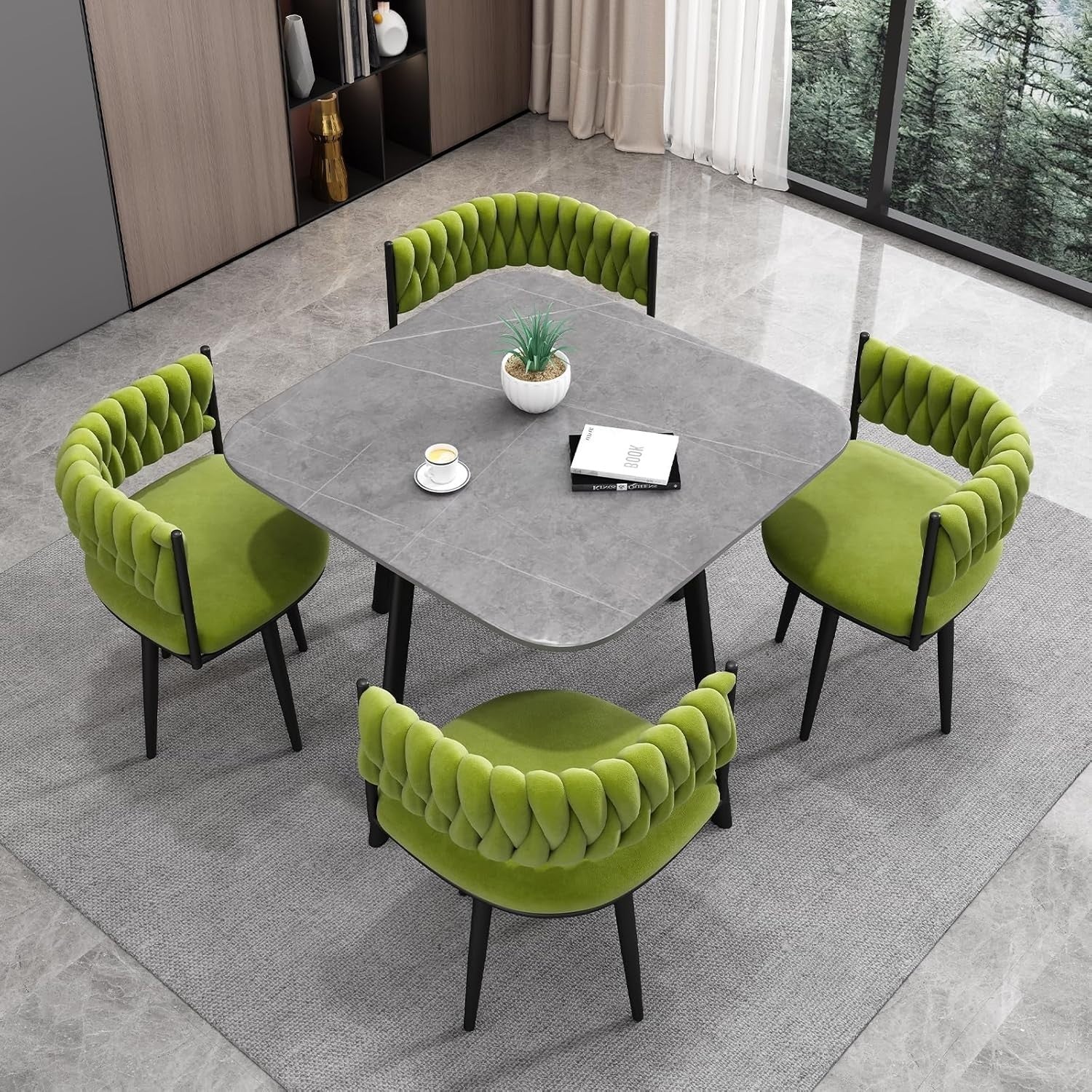 Square Marble Dining Table & 4 Velvet Chairs Set Grey Green Space-Saving