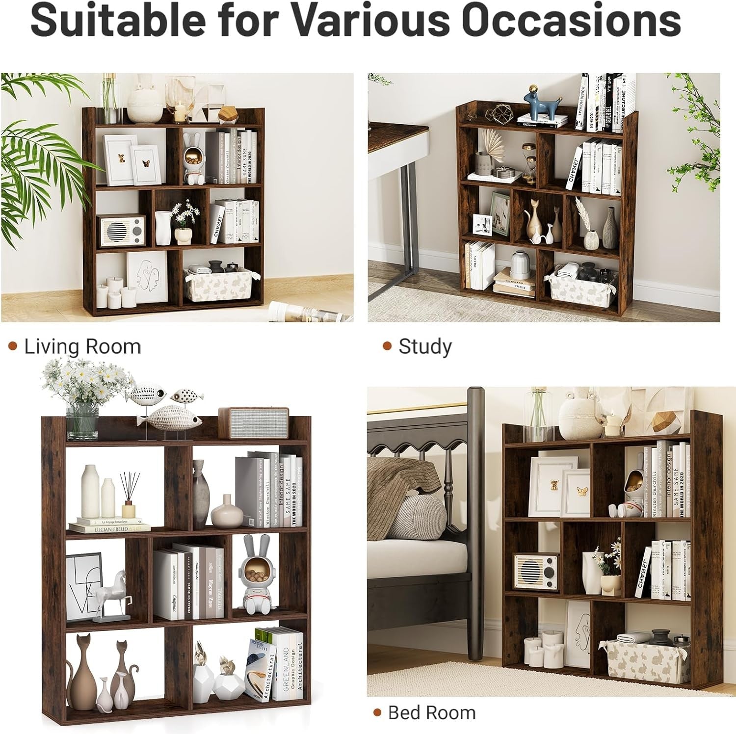 Coffee Brown 7-Cube Bookcase Tall Freestanding Storage Display Shelf 80×20×90cm