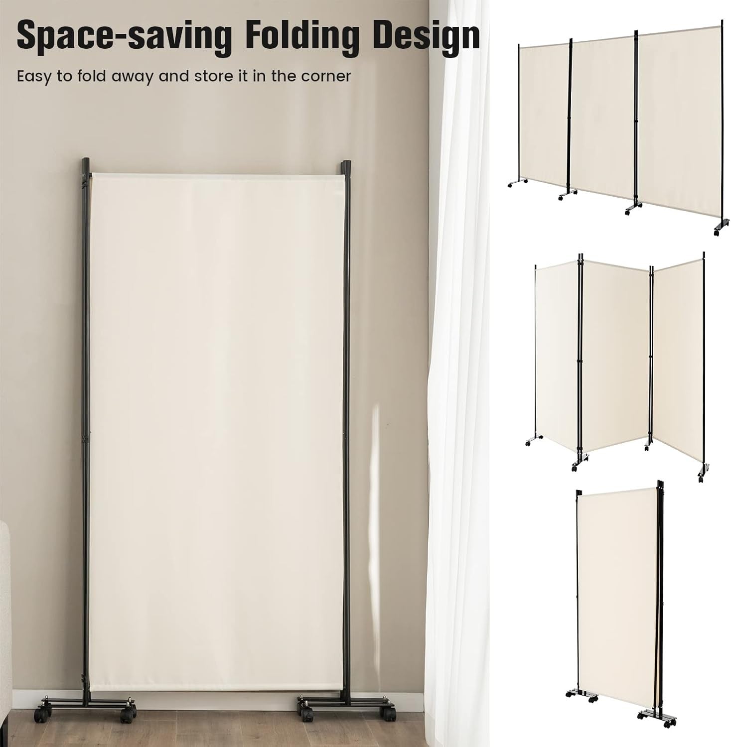3 Panel Beige Folding Room Divider Privacy Screen on Wheels for Home Office