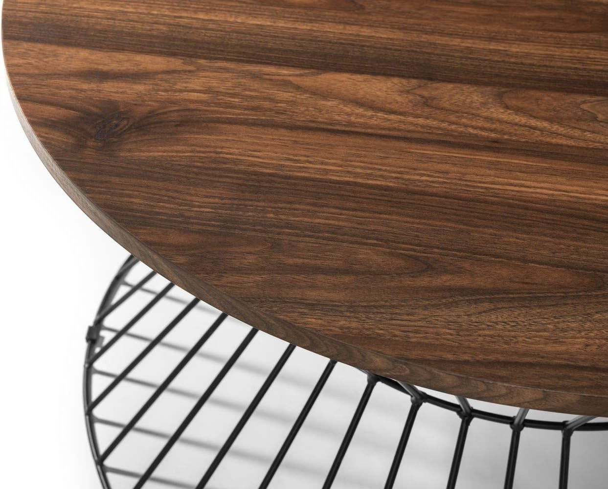 Round Walnut Coffee Table with Black Wire Base – Modern Industrial Style.