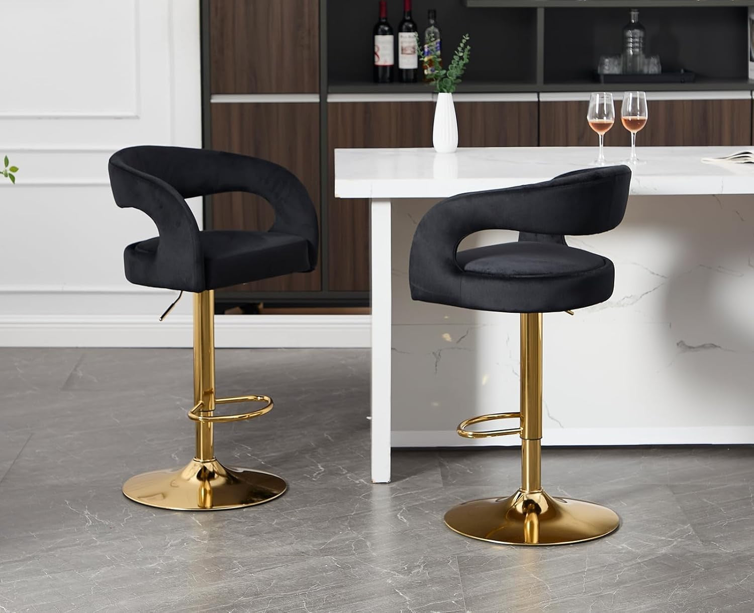 Adjustable Black Velvet Bar Stools Set of 2 Swivel Kitchen Counter
