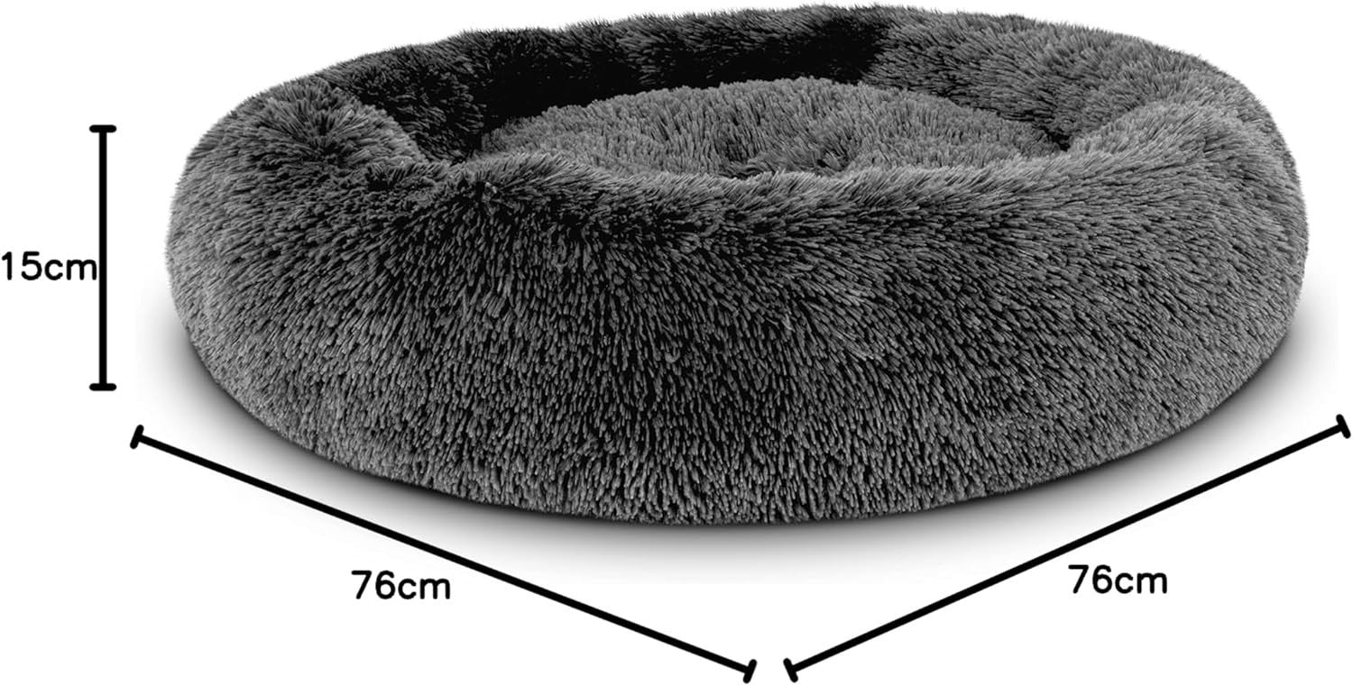 Medium Plush Donut Dog Bed 76cm Calming Round Nest Grey