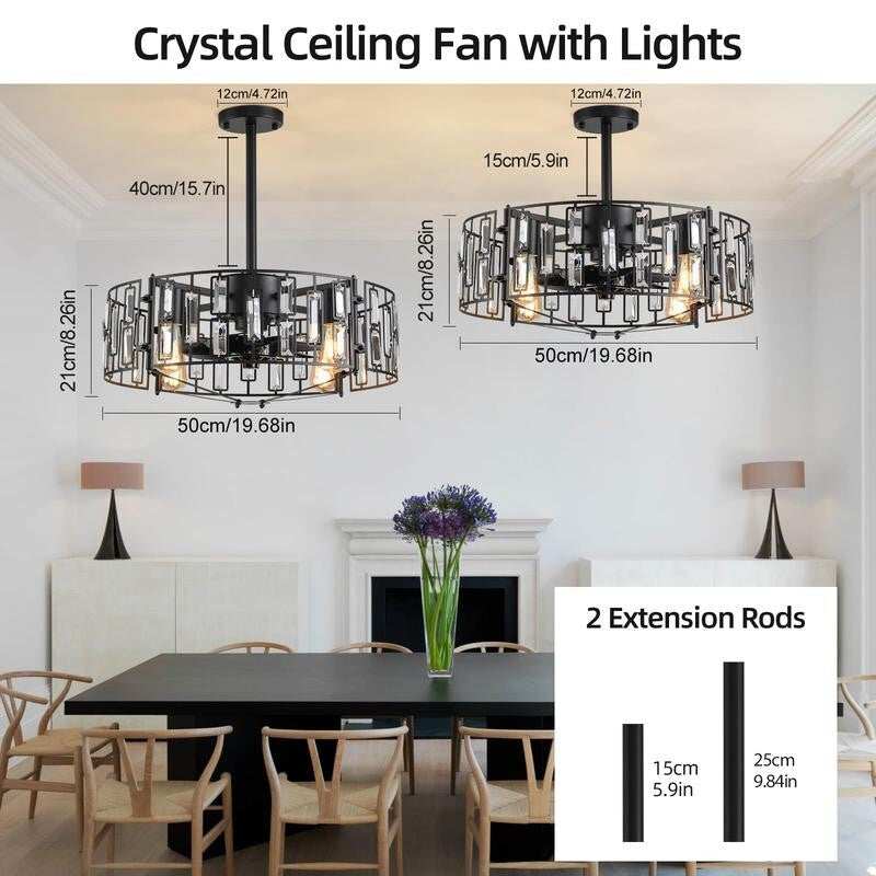 Crystal Ceiling Fan Light Flush Mount Remote App Control 6-Speed E27 Black