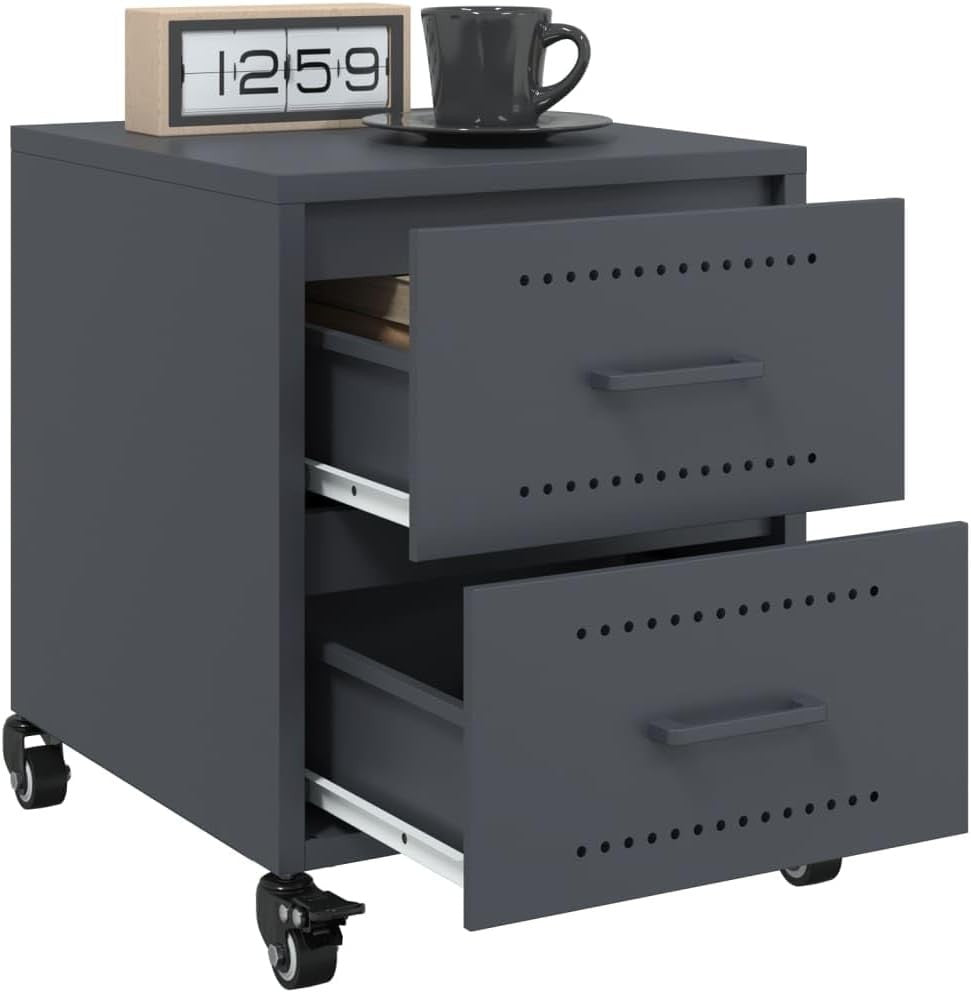 Set of 2 Grey Metal Bedside Tables with Wheels | Modern Mobile Nightstands