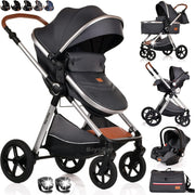 3in1 Baby Pram Travel System Pushchair with Car Seat Foldable Grey Silver