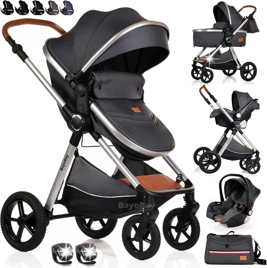 3in1 Baby Pram Travel System Pushchair with Car Seat Foldable Grey Silver