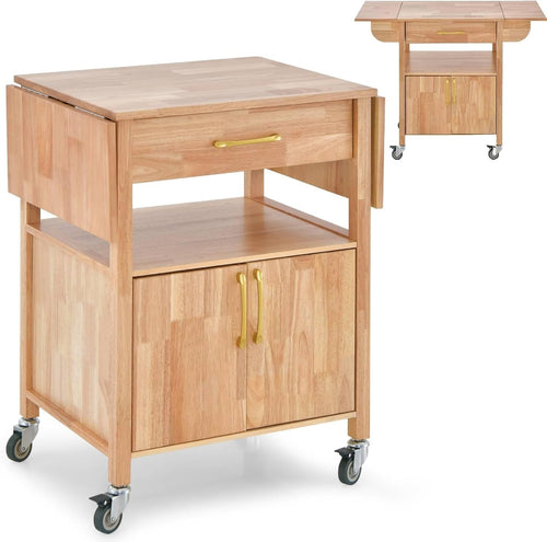 Drop Leaf Kitchen Island Cart with Storage Cabinet, Drawer & Lockable Wheels