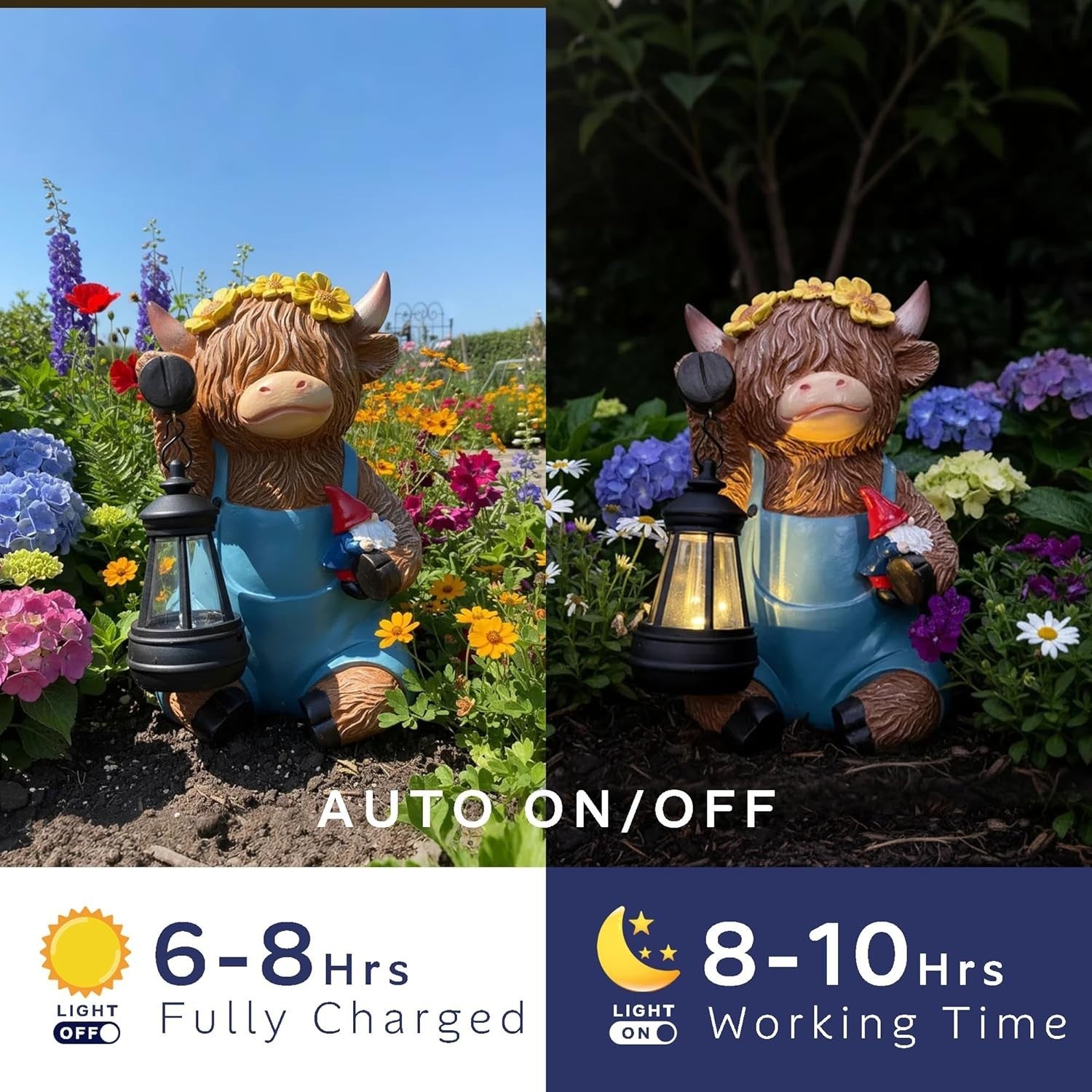 Solar Highland Cow Garden Ornament Statue with Lantern & Gnome Outdoor Yard