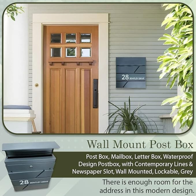 Lockable Wall Mounted Post Box Waterproof Grey Mailbox Secure Large Capacity