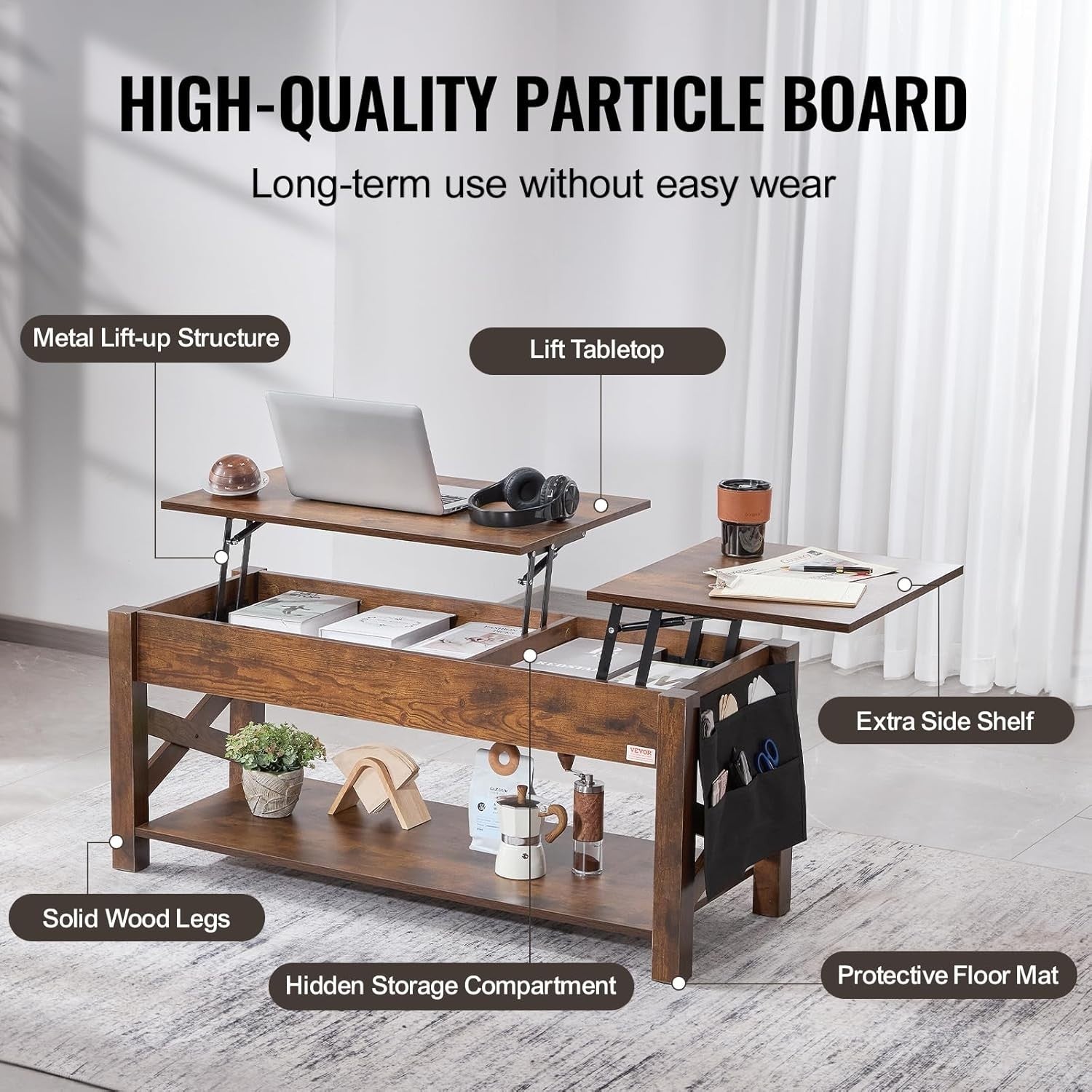 Lift Top Coffee Table with Storage, Pop-Up Wood Table 120cm for Living Room