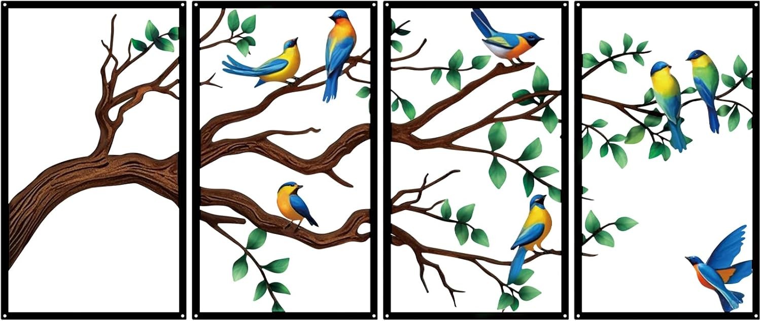 Large Metal Wall Art Birds Branch Tree of Life 4 Panel Living Room Decor