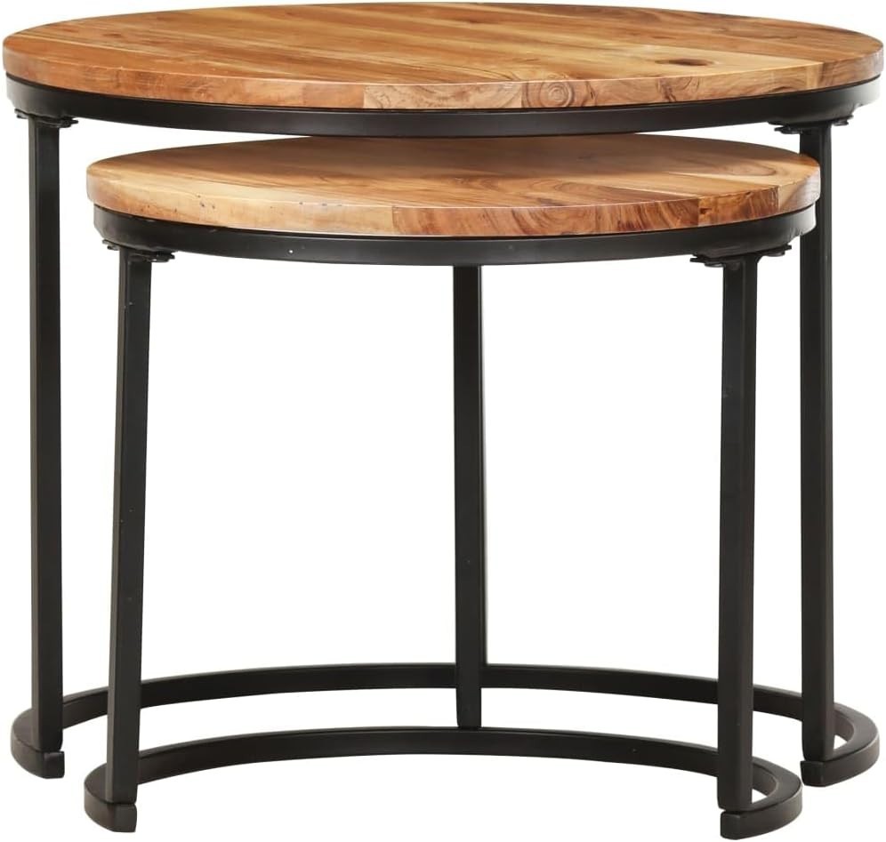 2X Nesting Side Coffee Tables Wood Round Industrial End Set Space Saving Brown