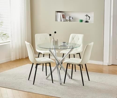 Modern 5-Piece Round Glass Dining Table Set with 4 White PU Chairs