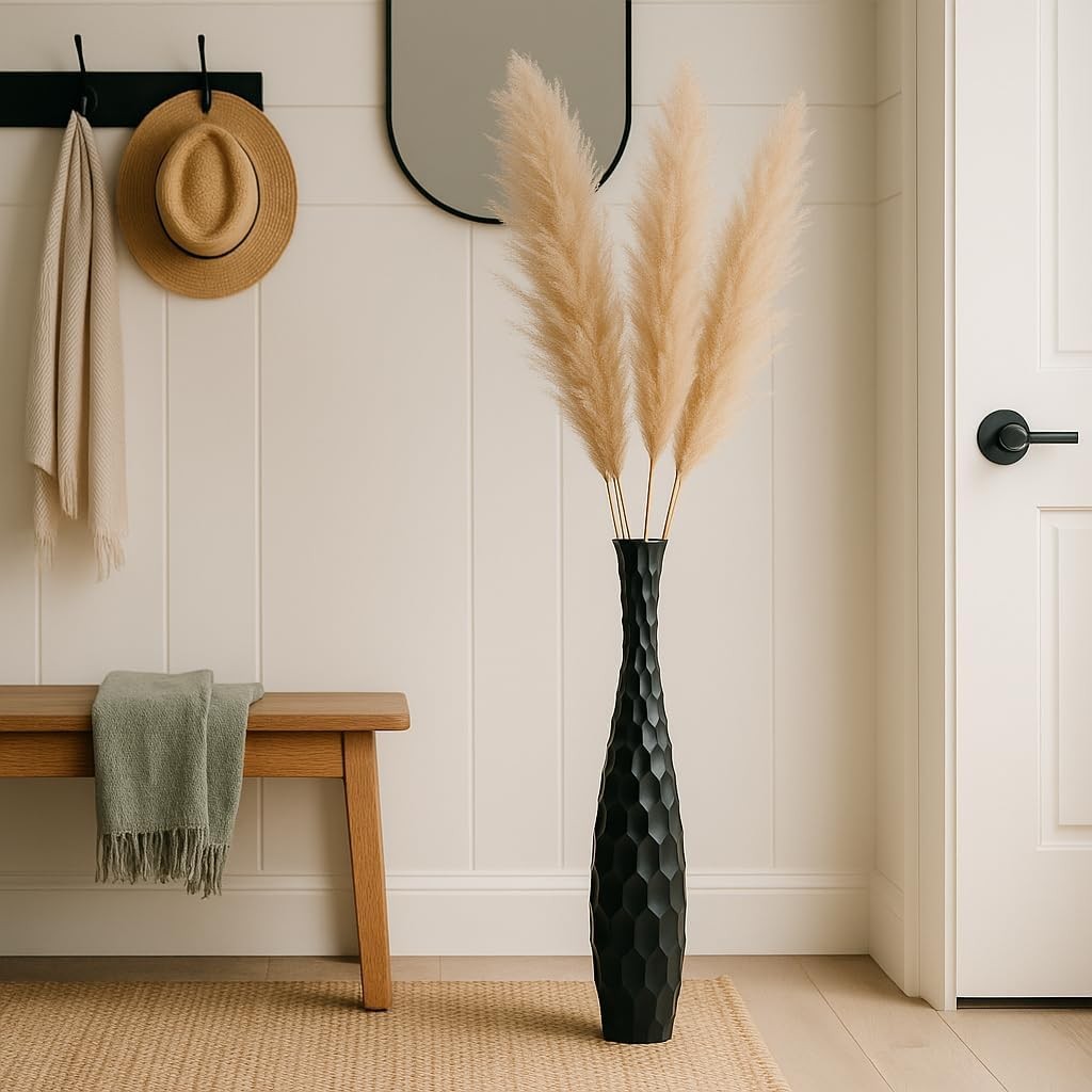 Large Black Floor Vase 85cm Tall Wooden Decor for Pampas Grass