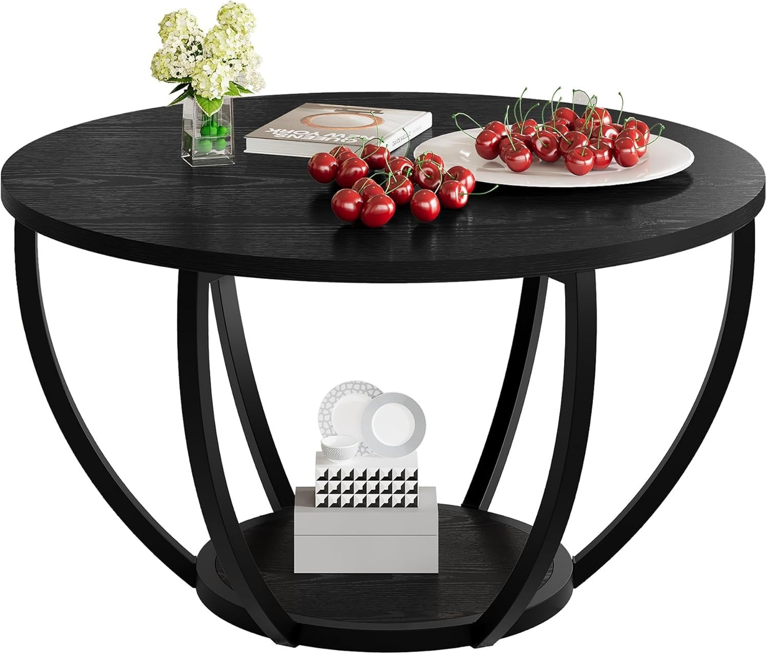Round 2-Tier Coffee Table with Storage Shelves, Wooden Top & Metal Frame Black