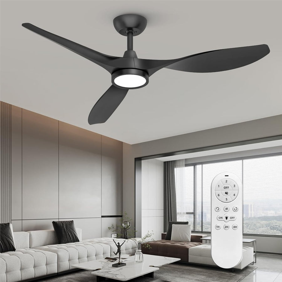 Roomratv 52" Ceiling Fan with Light, 6-Speed DC Motor, Dimmable, Black