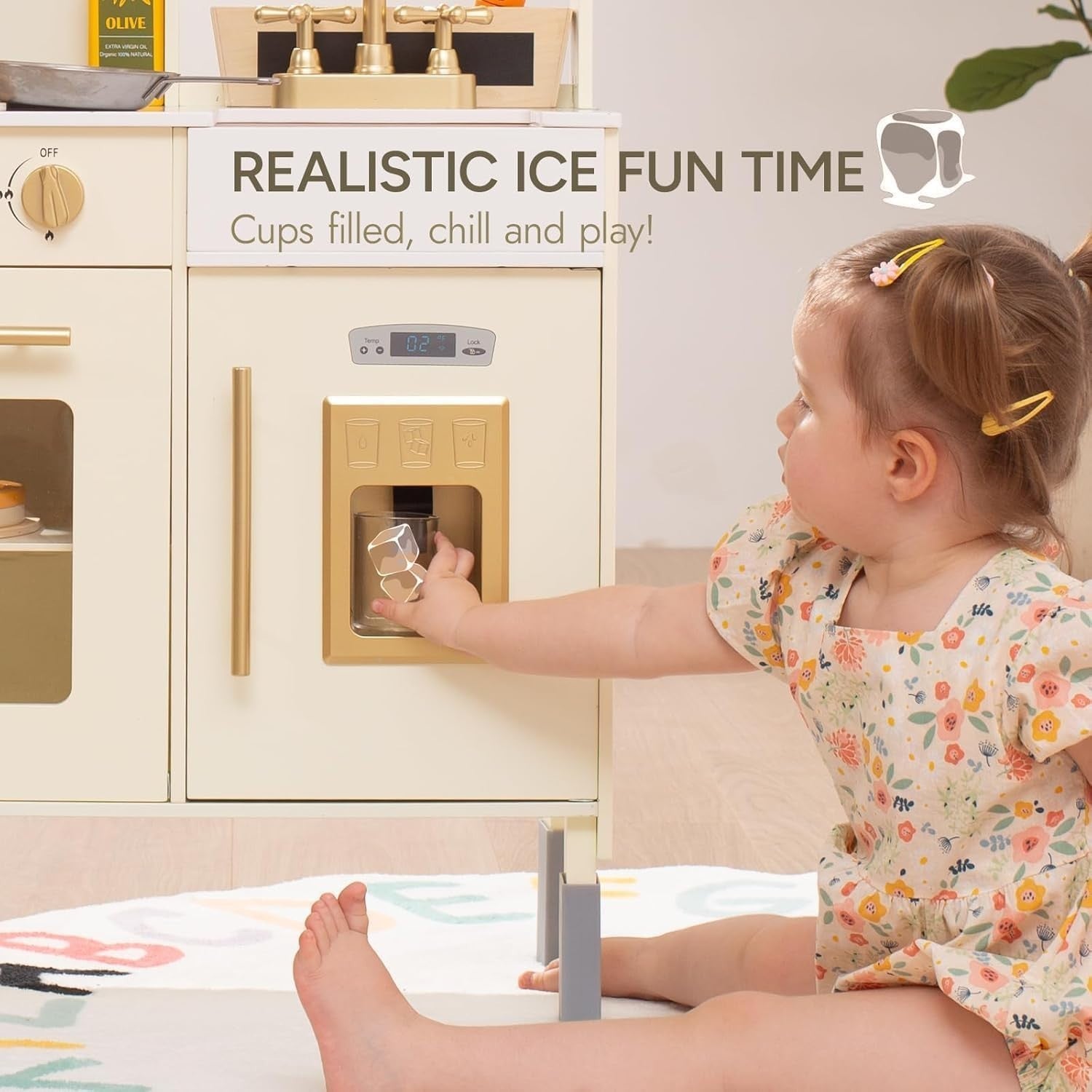 Wooden Kids Play Kitchen w/ Ice Maker Microwave Oven Accessories