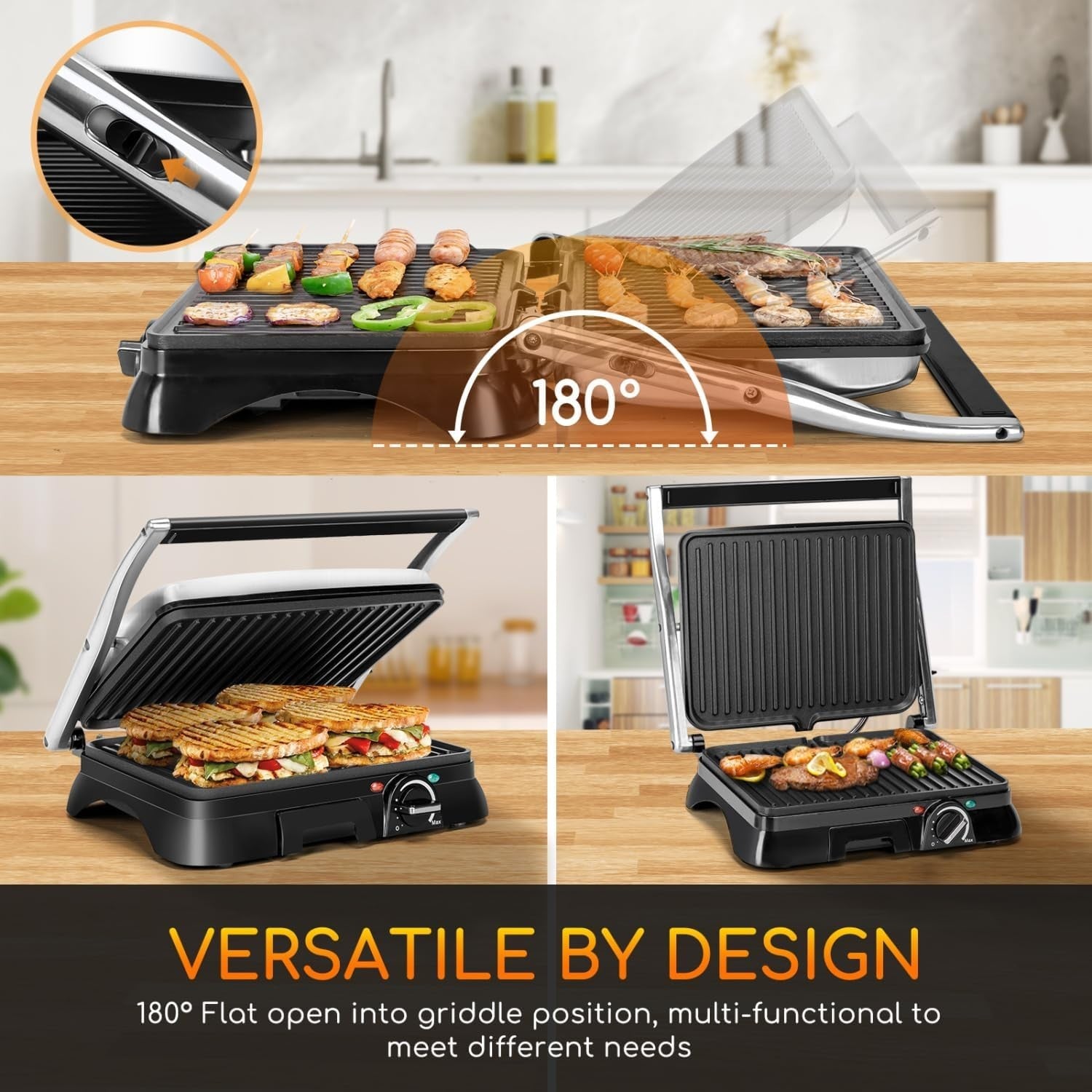 2000W Panini Press Grill 180° Deep Fill Sandwich 38cm Silver