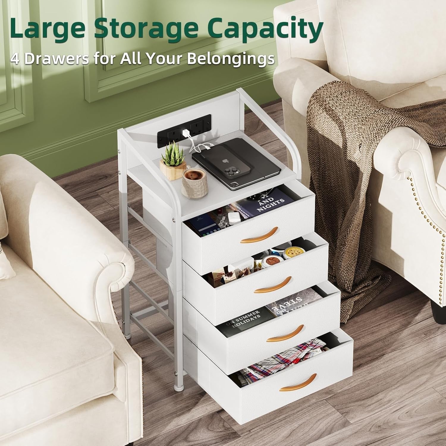 White Bedside Cabinet with Charging Station 4-Drawer Storage Chest 71cm