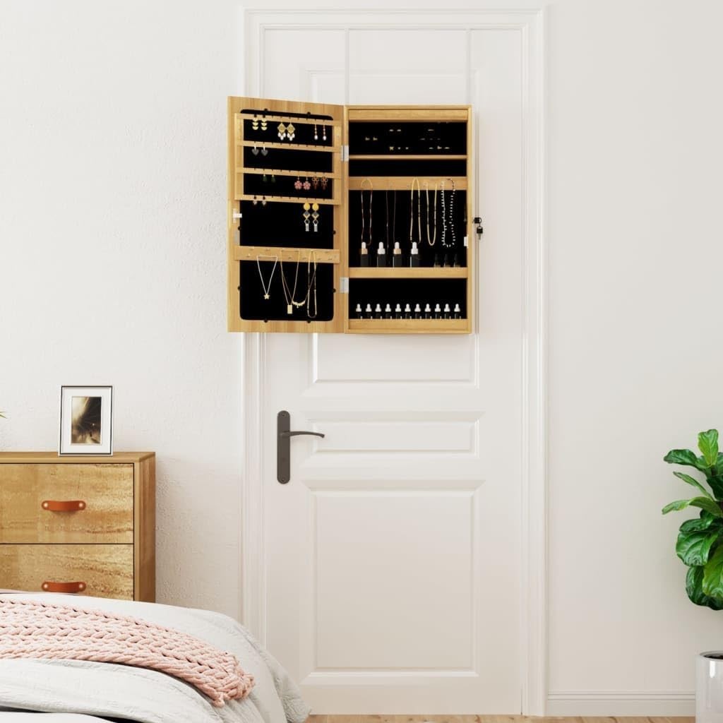 Brown Wall Mounted LED Jewellery Organizer Mirror Lockable Cabinet