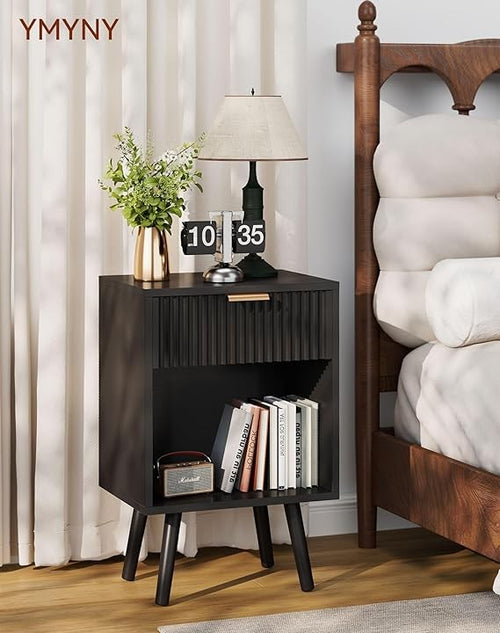 Black Mid Century Bedside Table, Fluted Nightstand with Drawer & Shelf, Solid
