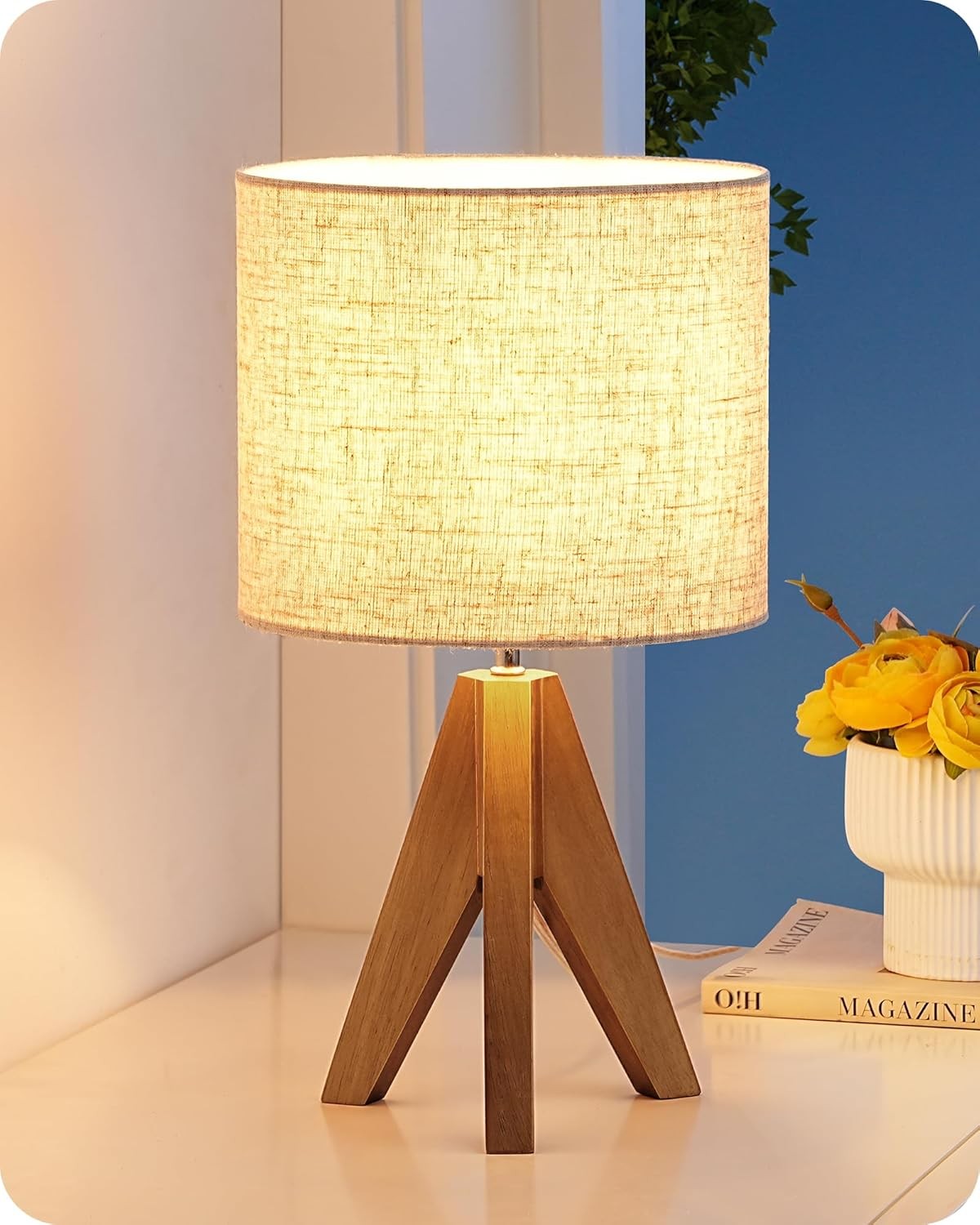Tripod Bedside Table Lamp Grey Linen Shade Wooden Base Modern Desk Light 36cm